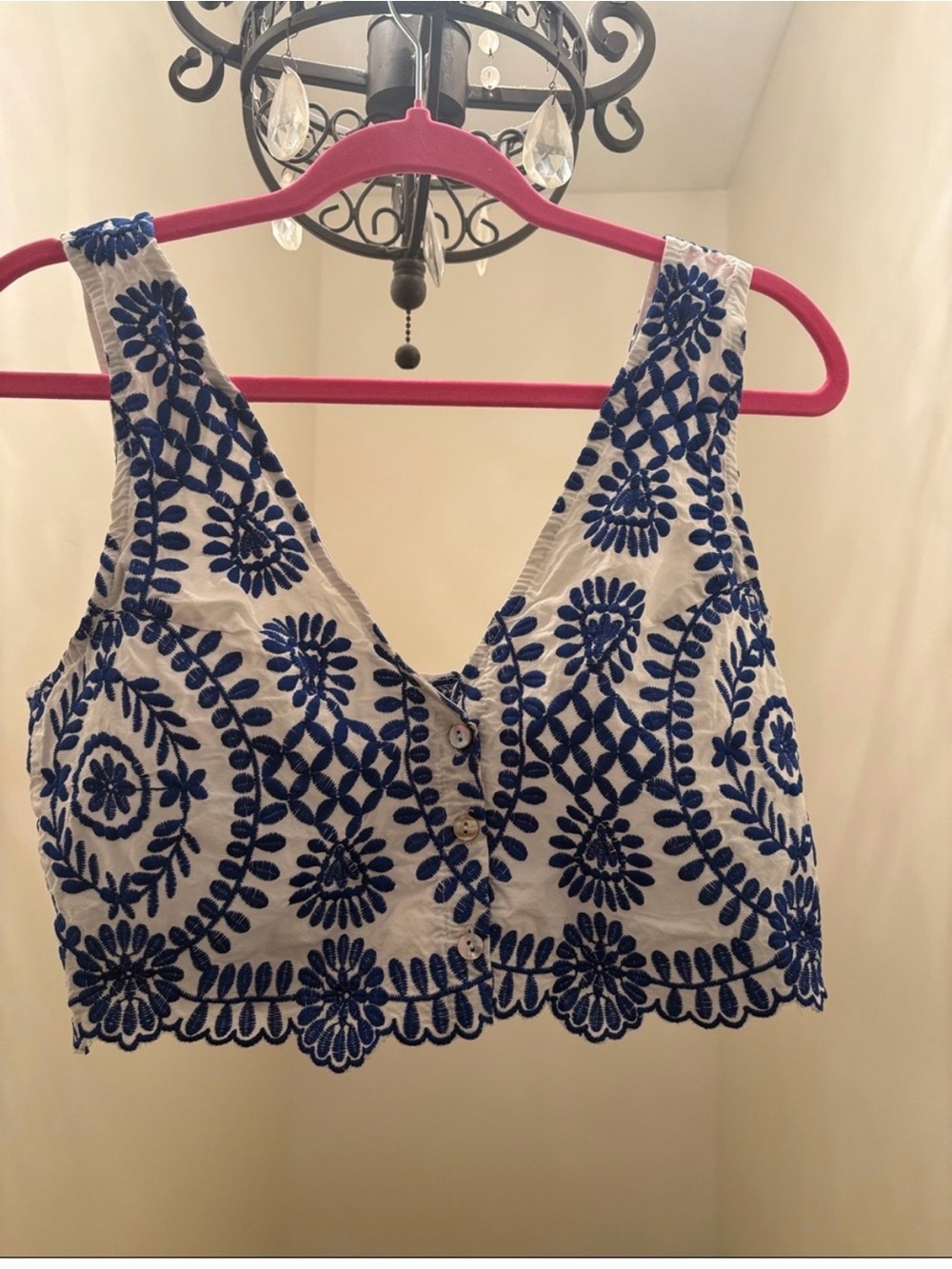White and Blue Embroidered V-Neck Crop Top